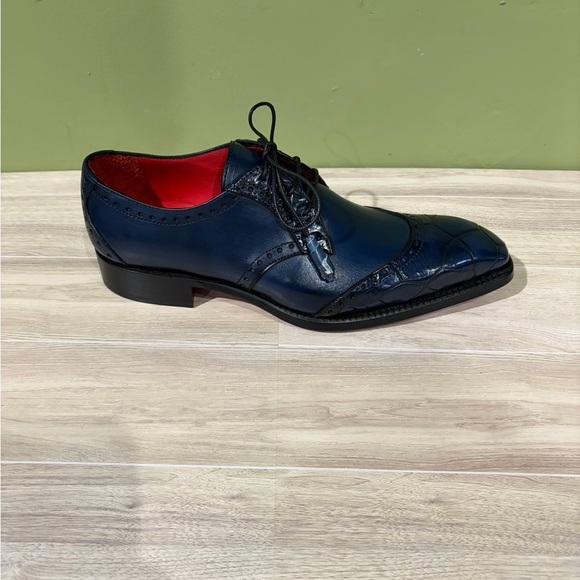 Fennix Italy Elegant dress shoes Navy Leather calf/gator Oxfords - Picture 2 of 5